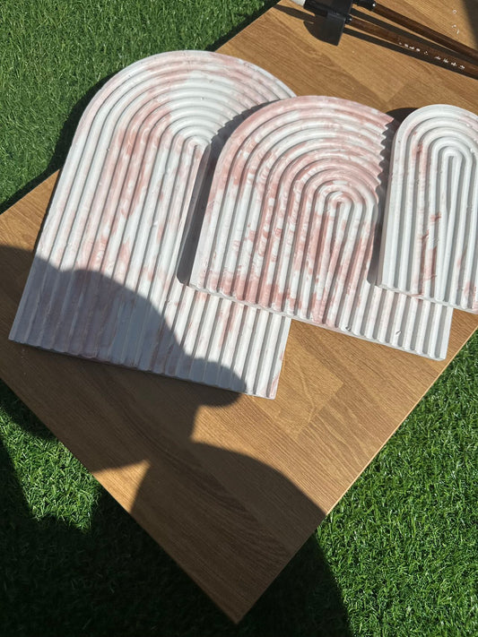 Wavy U shape Concrete Tray --Sets of three, Red white marble style